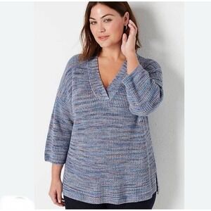 J Jill Women's Small Cotton Knit Sweater Blue Marled Drop Shoulder V-Neck